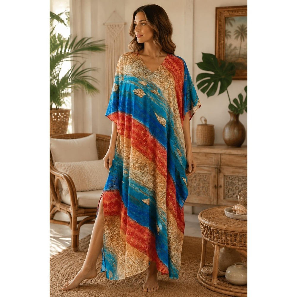 Winlar Kaftan Dress Womens OS Blue Orange Seashell Metallic 80s Boho Maxi